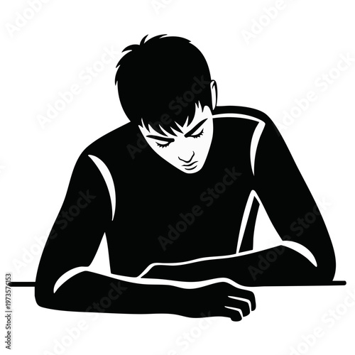 Man thinking or contemplating silhouette vector illustration. Introspection and mental health concept. Isolated graphic