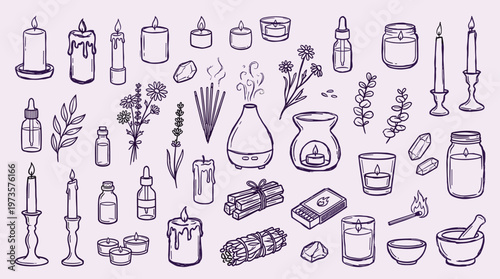 Aesthetic collection of hand-drawn aromatherapy and wellness items including candles essential oil bottles incense sticks and diffuser for relaxation and self care