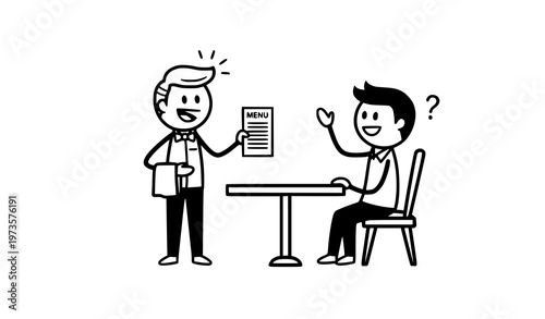 Cute Stick Figure Waiter and Guest Interaction with Menu in Cafe Cartoon Outline Mascot Vector