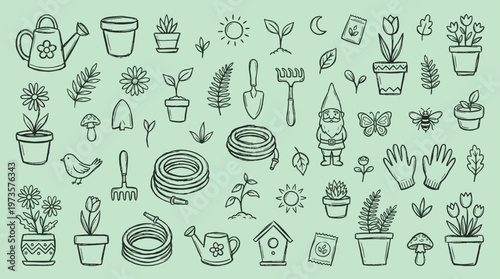Charming Hand Drawn Garden Icons Set Featuring Plants Pots Tools Gnome Butterfly and Watering Can Perfect for Spring and Summer Projects