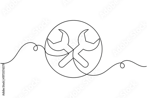 Crossed wrench in circle sign icon continuous one line drawing on white background minimal mechanical service symbol outline vector illustration