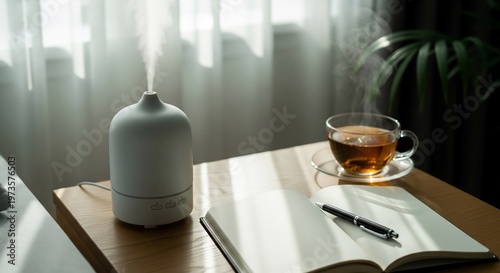 Serene Workspace: Diffuser, Tea, and Notebook on Wooden Desk by Window