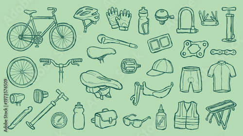 Collection of bicycle accessories and gear for cycling enthusiasts, presented in a charming hand-drawn sketch style on a light green background.