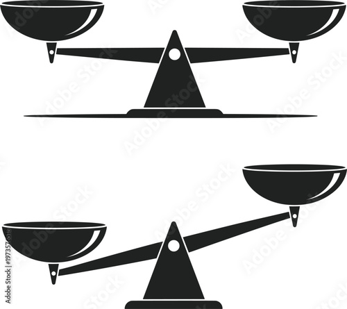 Set of balance scale icons showing equal and unequal weight representing justice comparison measurement and decision making concepts