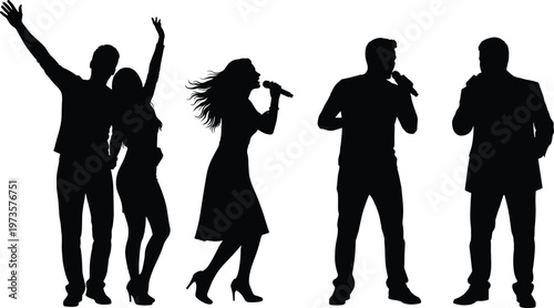 Silhouettes of People Singing with Microphones in Various Poses for Music and Performance Design