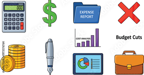 Finance and Budget Management Icon Set Featuring Calculator, Expense Report, Budget Cuts, Coins, and Charts in Vector Style