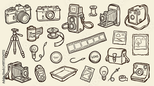 Vintage photography equipment collection sketch illustration of cameras film reels tripod and accessories for hobbyists and professionals