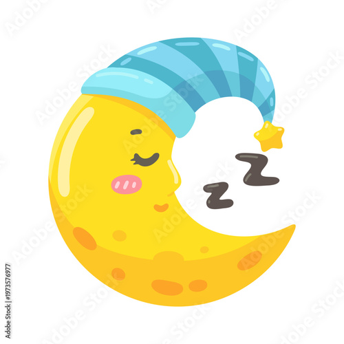 Adorable Sleepy Moon Cartoon Character with Nightcap and Dreaming Zzz's Illustration