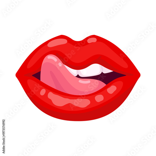 Glossy Red Lips with Tongue Temptation and Beauty in Cartoon Style Vector Illustration