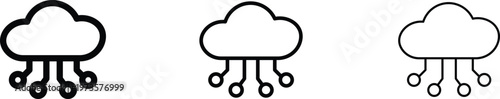 Cloud computing icon set with circuit lines, minimalist data storage symbols in three stroke weights, digital network infrastructure vector