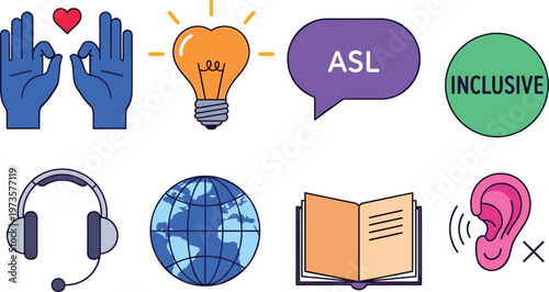 Inclusive Communication and Accessibility Icon Set Featuring ASL, Ear, Lightbulb, and Headphones in Vector Style