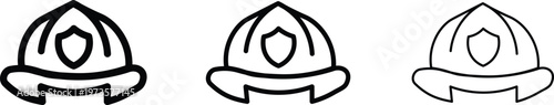 Firefighter helmet icon set with shield emblem, minimalist firefighter hat vector illustrations, emergency service headwear in three line weights