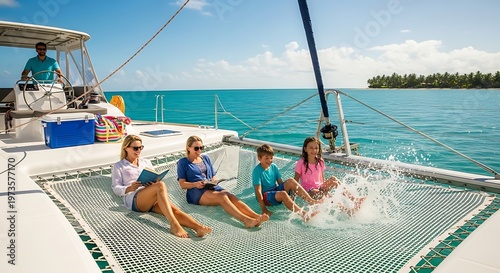 Family Enjoying Leisure Time on a Catamaran in the Ocean.