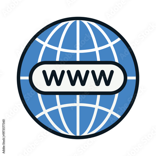 A stylized illustration of a blue globe with white grid lines and a white oval containing black text WWW
