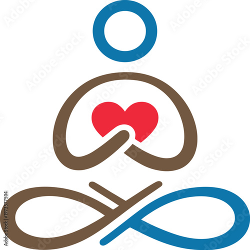 Minimalist meditation logo featuring a person in a calm pose holding a heart symbolizing mental health, mindfulness, self care, and emotional wellbeing. Modern clean vector design ideal for therapy, w