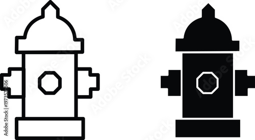 Fire hydrant vector icons, black silhouette and outline fireplug symbols, emergency water supply equipment for firefighting and urban safety