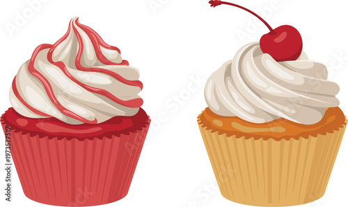 Set of colorful cupcakes with cream frosting and cherry topping representing sweet dessert bakery treats in delicious illustration style