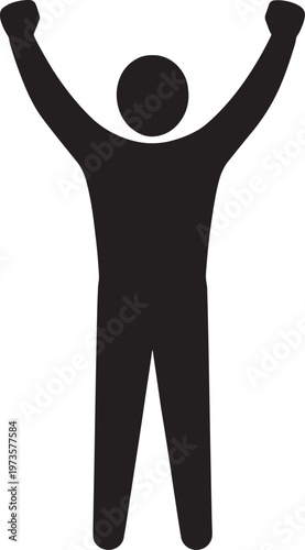 A black silhouette of a person standing with their arms raised high in a gesture of celebration. 