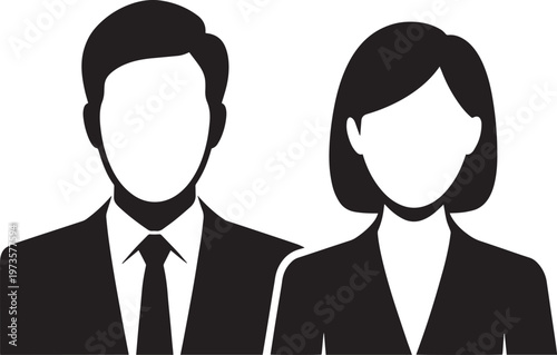 A black and white vector illustration of a professional man and woman wearing business attire. Vector