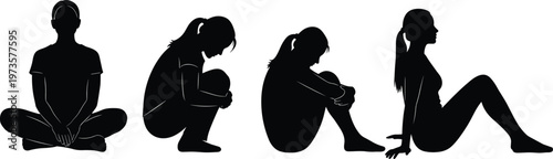 Female sitting poses silhouette collection, yoga, meditation and relaxed seated positions isolated on white background, woman body posture vector illustration set