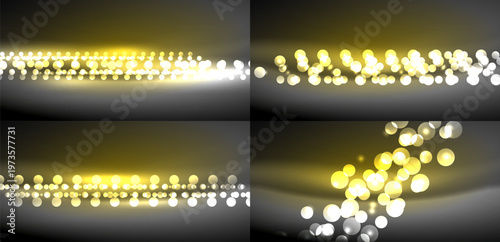 Golden bokeh lights form lines, curves. Soft glow creates festive, dreamy effect. Background dark, emphasizing luminosity.