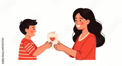 Vector flat design illustration of a happy son giving a handmade card with a heart to his smiling mother on white