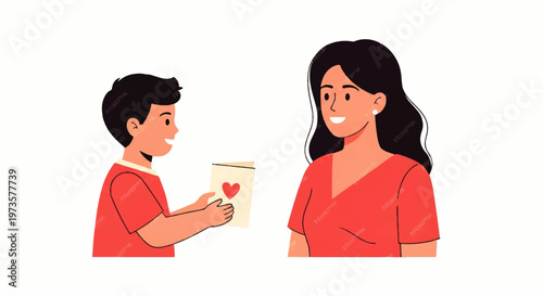 Vector flat design illustration of a happy young boy giving a handmade card with a heart to his smiling mother