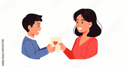 Vector flat design illustration of a happy son giving a handmade card with a heart to his smiling mother