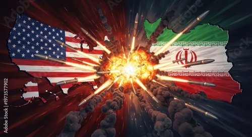 Dramatic missile explosion between USA and Iran flags in intense conflict scene