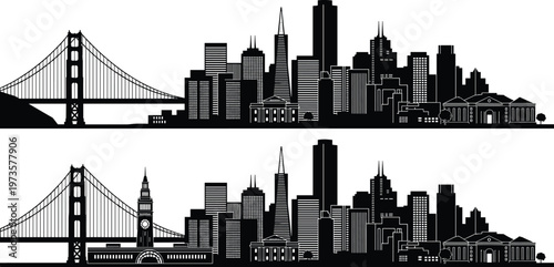 City skyline silhouette with suspension bridge and modern skyscrapers, detailed urban landscape illustration isolated on white background representing metropolitan architecture