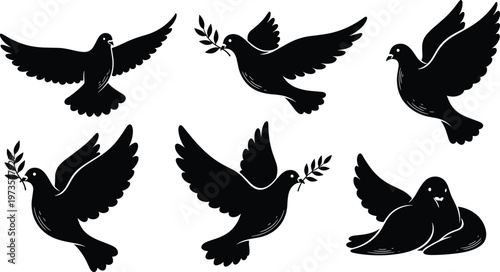 Dove Collection Featuring Flying Doves with Olive Branches and Peaceful Symbols for Peace, Love, and Nature Designs