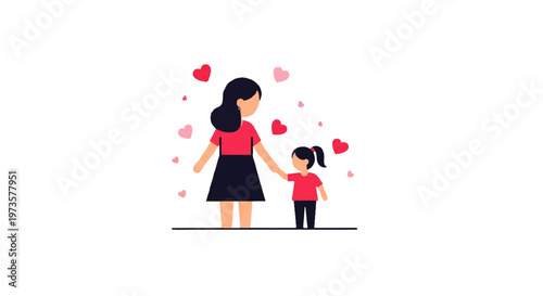 Vector flat design illustration of a mother holding her daughter's hand surrounded by hearts, symbolizing love