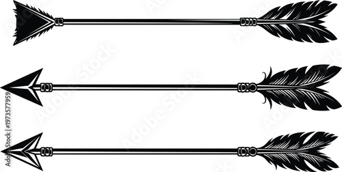 Set of tribal arrows with feather fletching and sharp arrowheads, black silhouette illustration isolated on white background representing hunting, archery equipment and traditional weapon design