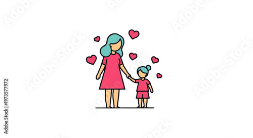 Vector flat design illustration of a mother holding her daughter's hand surrounded by pink hearts, symbolizing love