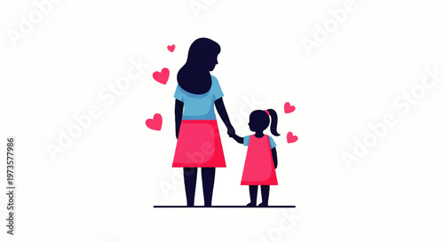 Vector flat design illustration of a mother holding her daughter's hand with hearts symbolizing love and family bond