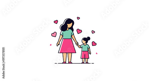 Vector flat design illustration of a mother holding her daughter's hand surrounded by hearts, symbolizing love