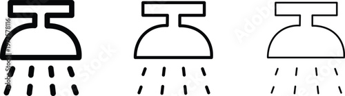 Minimalist shower head icon set, modern bathroom sprinkler vector symbols, black outline water spray illustrations for plumbing and hygiene