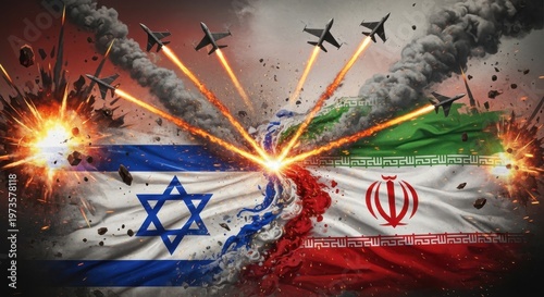 Dramatic illustration of Israeli and Iranian flags amidst explosive conflict with fighter jets