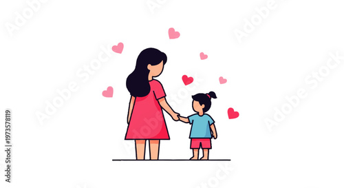 Vector flat design illustration of a mother holding her daughter's hand surrounded by pink hearts, symbolizing love