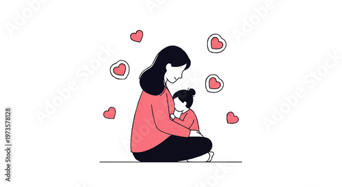 Vector flat design illustration of a mother tenderly holding her child surrounded by floating hearts, symbolizing love