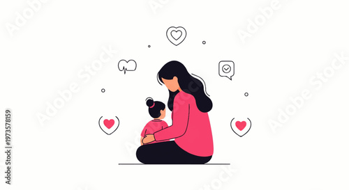 Vector flat design illustration of a mother holding her child with hearts and social media icons symbolizing love