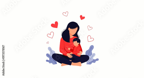 Vector flat design illustration of a mother holding her child surrounded by hearts, symbolizing love and family