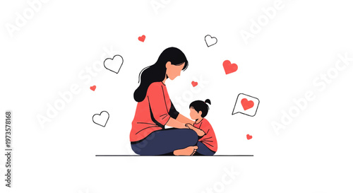 Vector flat design illustration of a mother tenderly holding her child surrounded by hearts symbolizing love and family