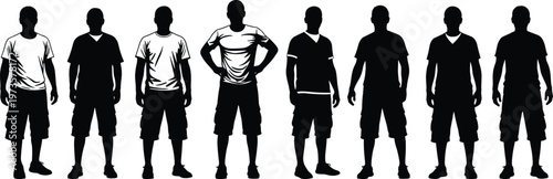 Male silhouette collection in casual clothing showing different standing poses isolated on white background, human body language vector illustration set for design use