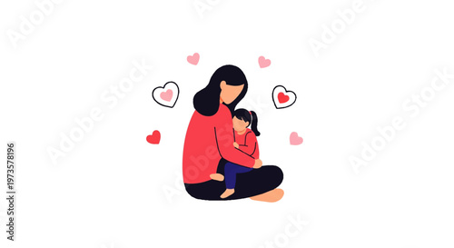 Vector Flat Design Illustration of a mother tenderly holding her child surrounded by hearts, symbolizing love