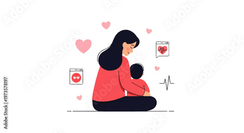 Vector flat design illustration of a mother holding her child with love and care, surrounded by hearts and health icons