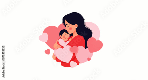 Vector flat design illustration of a loving mother holding her baby surrounded by soft pink hearts