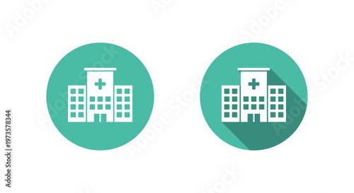 Hospital icon with long shadow. Medical center building symbol. Clinic healthcare sign