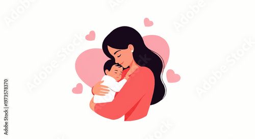 Vector flat design illustration of a loving mother holding her baby with pink hearts symbolizing affection and care