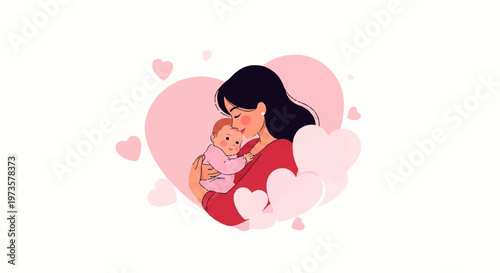 Vector flat design illustration of a loving mother holding her baby with hearts symbolizing maternal love and family